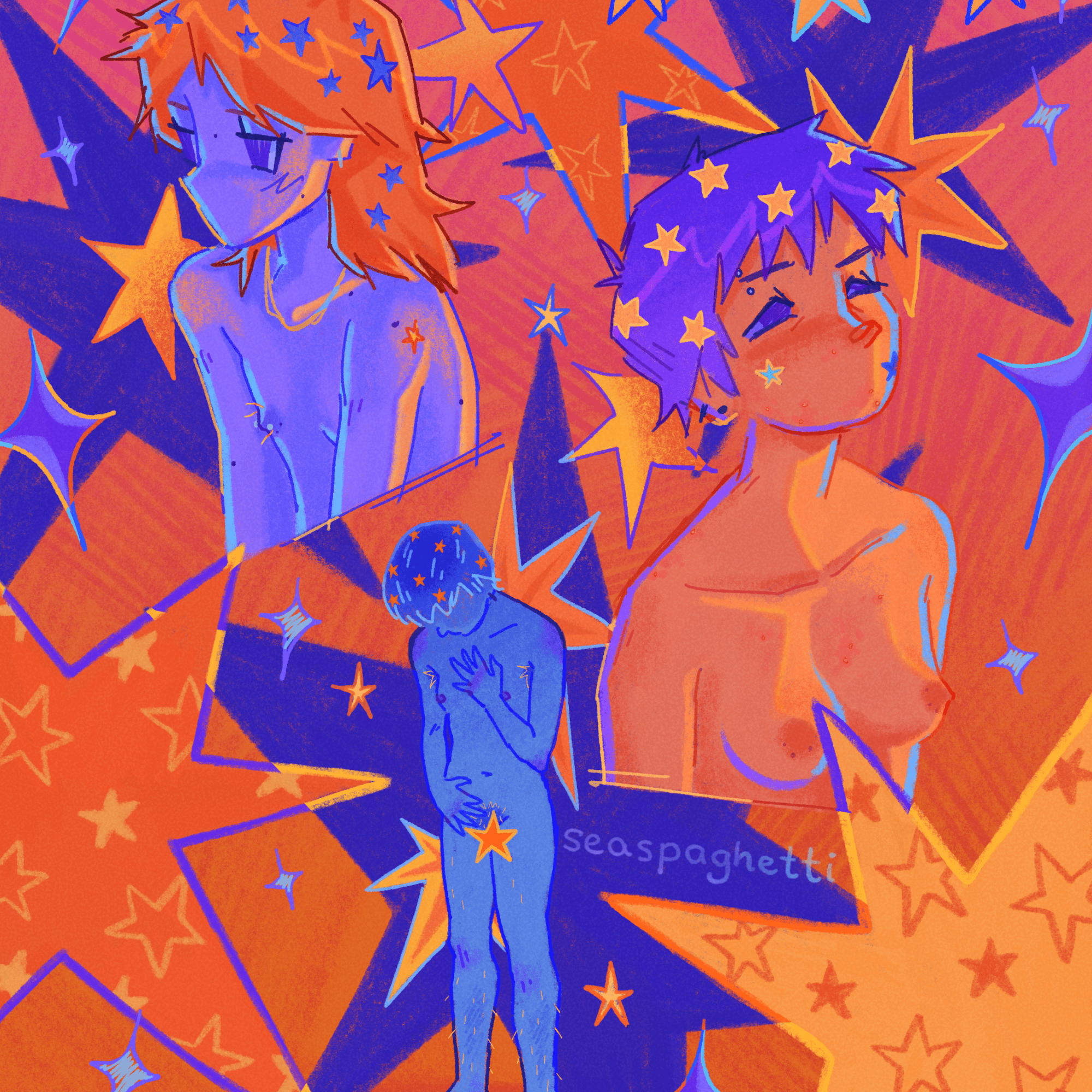 bright orange, purple and yellow illustrative art. it features two nude busts, one with shoulder-length hair, the other with short hair, and a figure in blue, nude with mild body hair and a star covering the nunie area. the whole piece is adorned with spiky and sparkly stars.